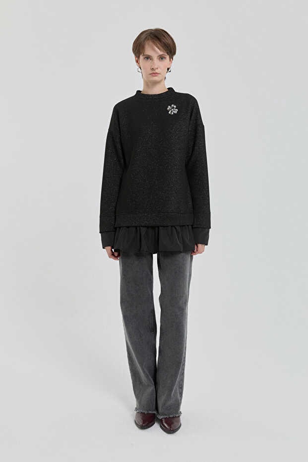 Broş Detaylı Simli Örme Tunik Siyah - 3