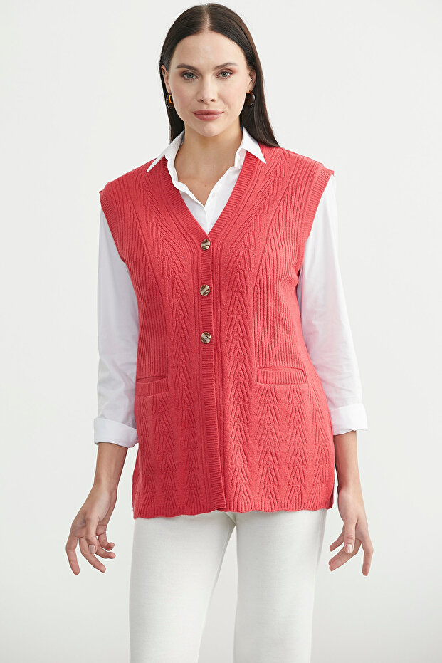 سترة تريكو بأزرار وجيوب - وردي - 1