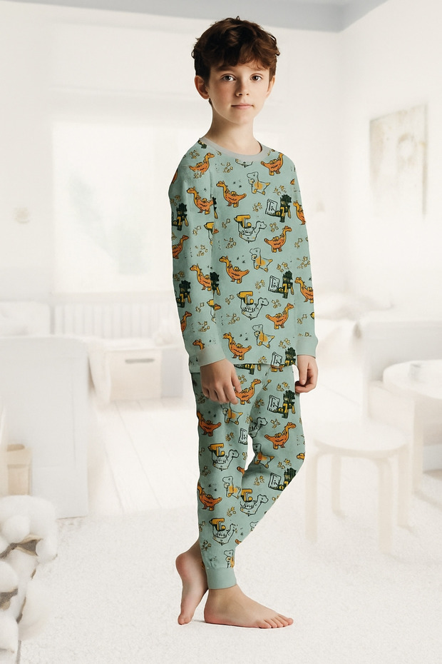 Elmas Kids Boys Green Dinosaur Printed 100% Cotton Pajama Set for Ages 1-13