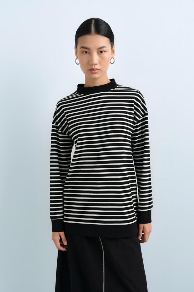 Çizgili Basic Sweat Siyah - 1