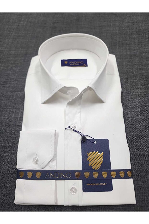 Regularfit White Men's Shirt Stretch Fabric Stretch Fabric Collar with Button at the Bottom Ar0720710-01