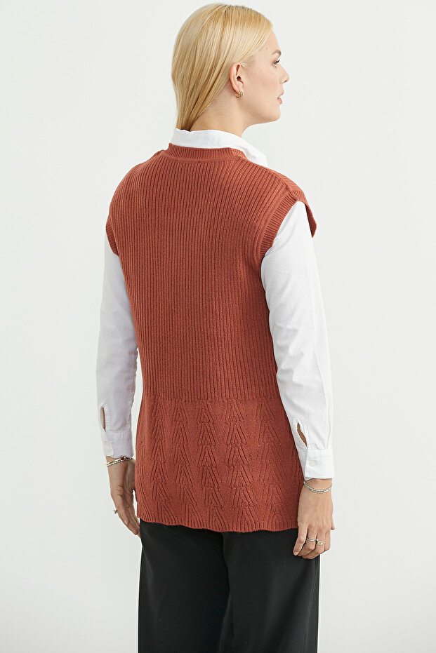 Cepli Düğmeli Triko Yelek - Taba - 5