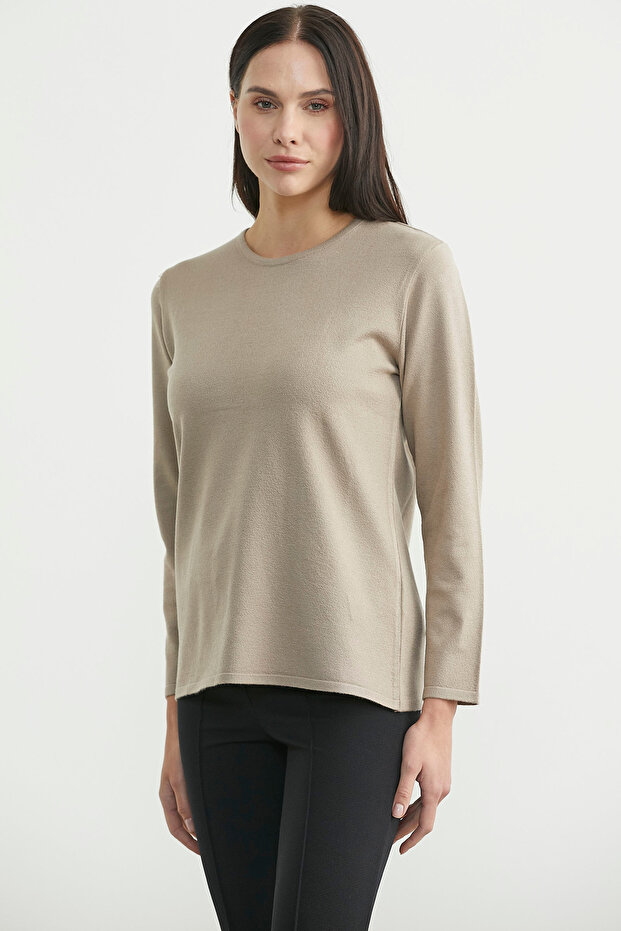 سترة تريكو طويلة بياقة مستديرة - بيج - 3