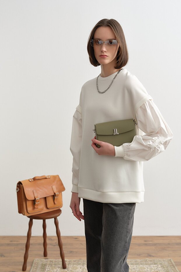 Kolları Poplin Örme Sweat Ekru - 2