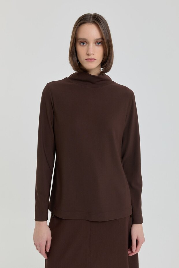 Dik Yaka Basic Örme Bluz Kahve - 1