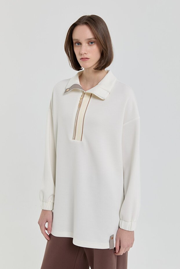 Şeritli Devrik yaka Örme Sweat Ekru - 2