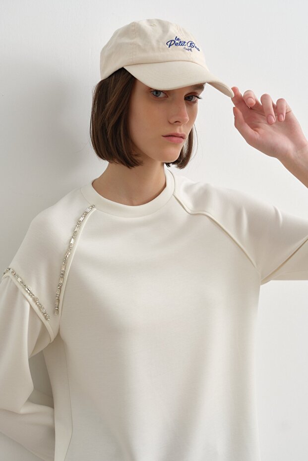 Taş Detaylı Örme Sweat Ekru - 2