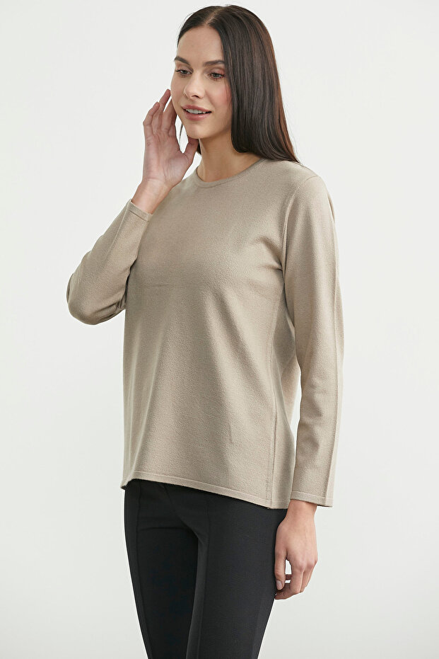 سترة تريكو طويلة بياقة مستديرة - بيج - 4