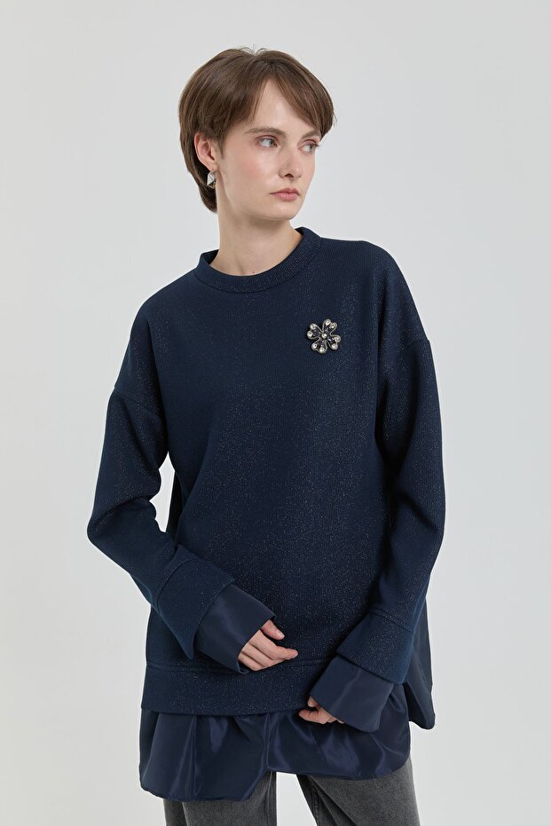 Broş Detaylı Simli Örme Tunik Lacivert - 1