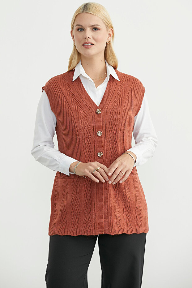 Cepli Düğmeli Triko Yelek - Taba - 2