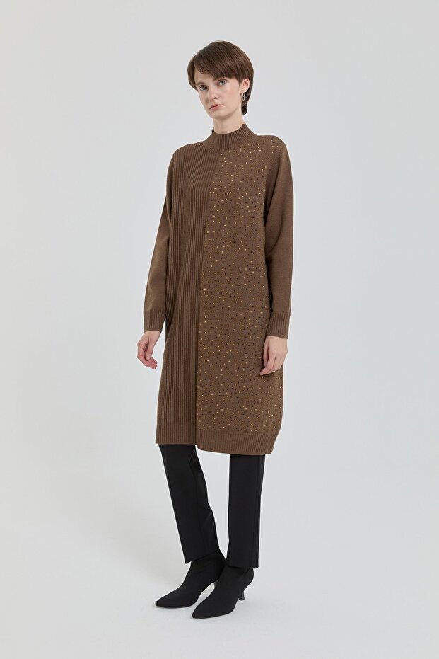 Serpme Payetli Fitilli Triko Tunik Kahve - 2