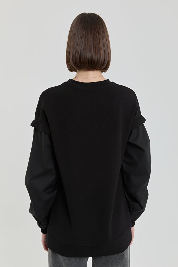 Kolları Poplin Örme Sweat Siyah - 6
