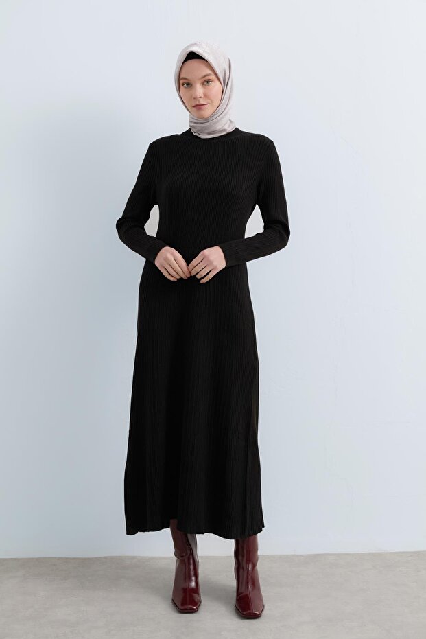 Fitilli Triko Elbise Siyah - 2