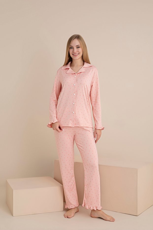 Women's Printed Mini-Heart Milan Knitted Long Sleeve and Flawed Detail Long Sleeve Buttoned Pajama Set