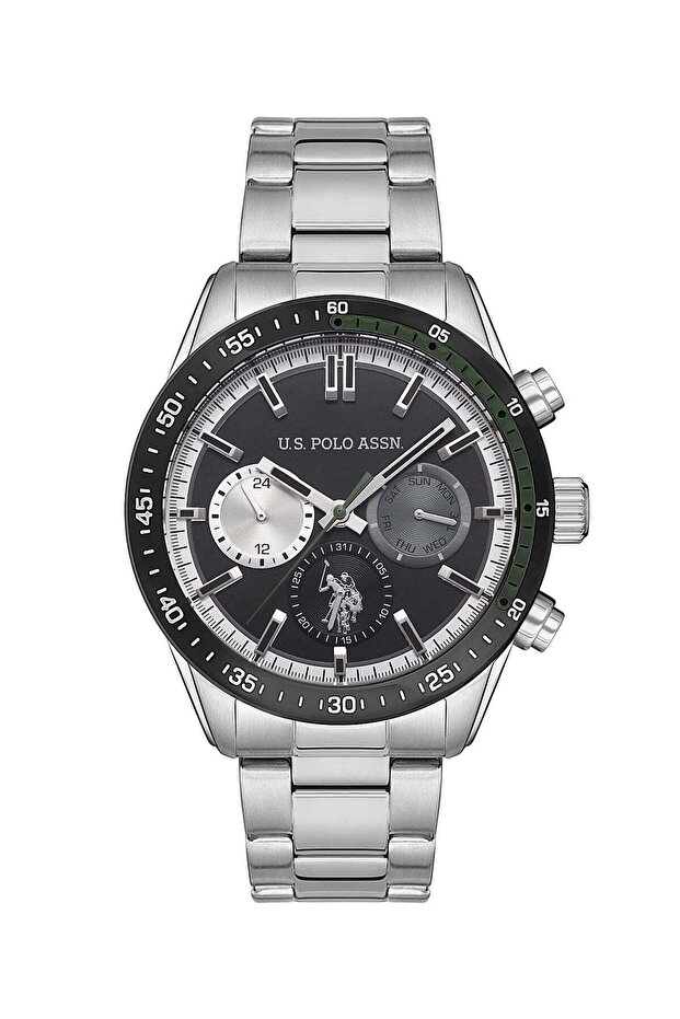 Analog Men's Watch, Black Dial, Silver Metal Band, 45 mm, 5 ATM - USPA1044-01