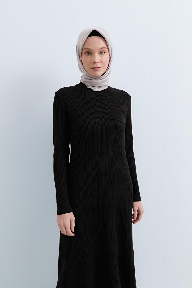 Fitilli Triko Elbise Siyah - 3
