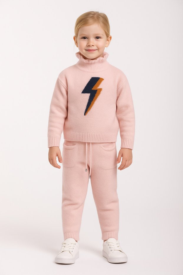 Girl's Knitwear Powder Lightning Pattern Trouser Suit