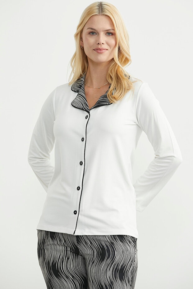 طقم بيجامة بأزرار وتصميم مميز - لون إكرو - 3