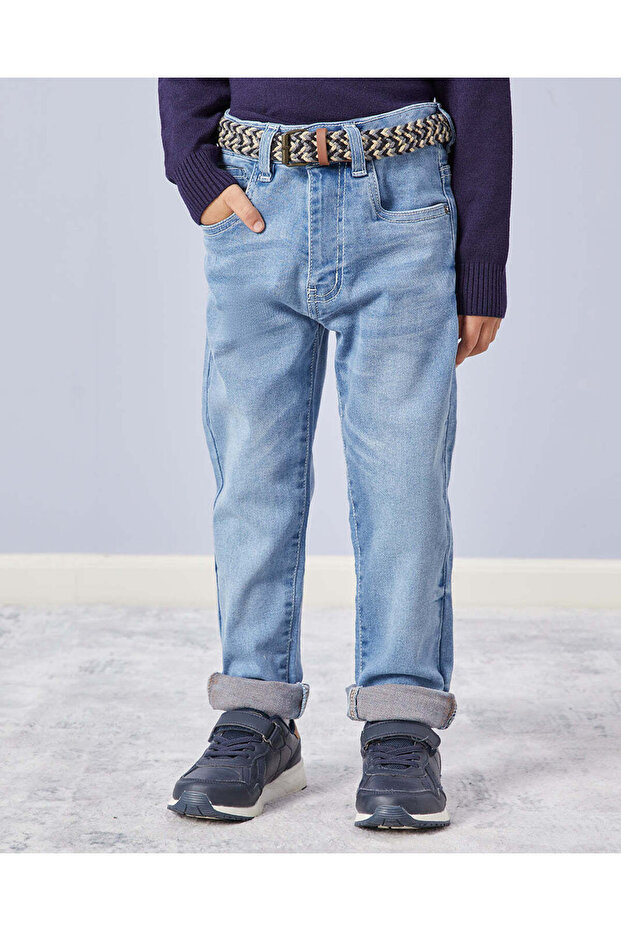 Boys Light Wash 5 Pocket Belted Jeans