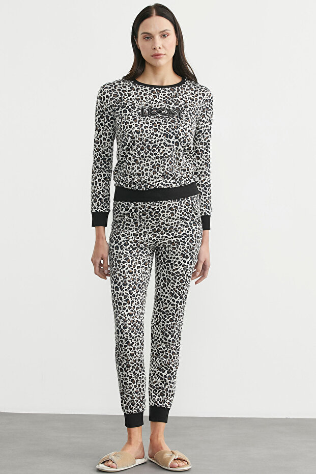 Leopard Patterned Pajama Set - Ecru - 1