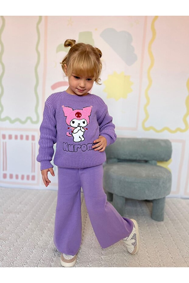 Character Patterned Knitwear Fabric Girls' Top and Bottom Set