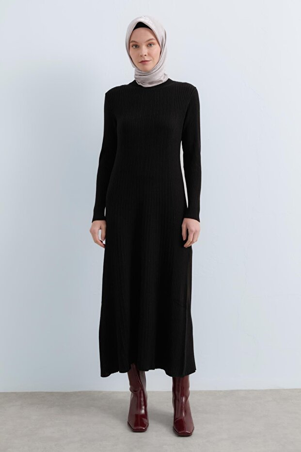 Fitilli Triko Elbise Siyah - 1