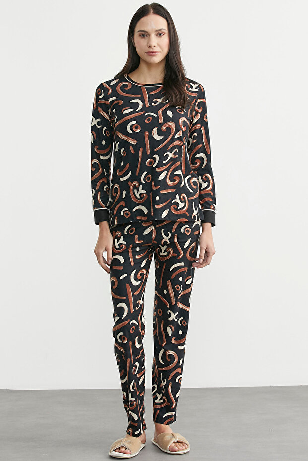 طقم بيجامة منقوشة ذات ملمس ناعم - أسود - 1