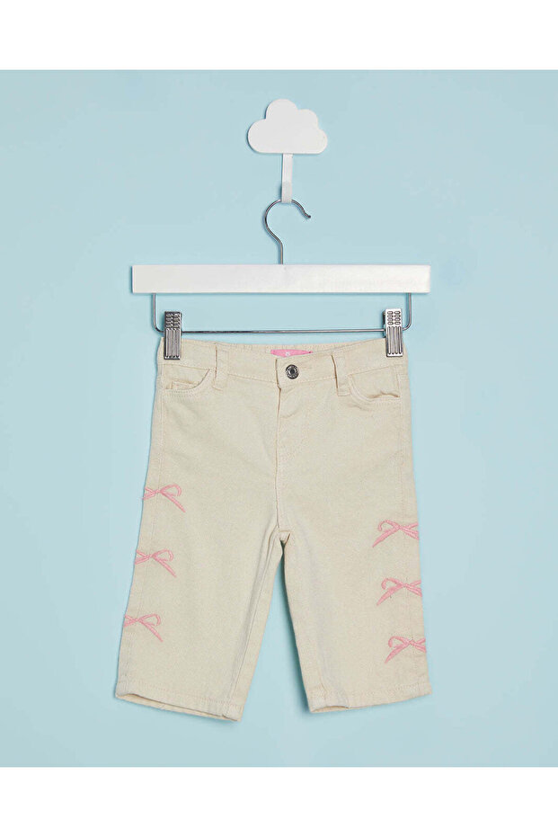 Infant Girls Cream Wide Leg Jeans With Bow Embroidery