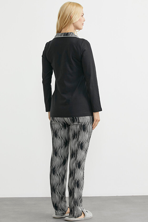Patterned Buttoned Pajama Set - Black - 6