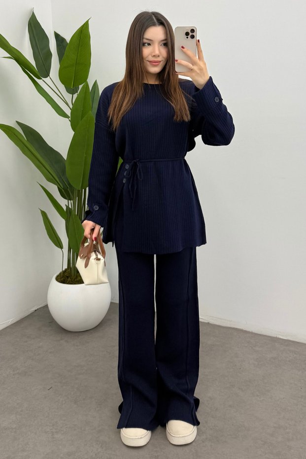 Women's Navy Blue Waist-Tie Button Detailed Corded Fabric Knitwear Sweater Trousers Two-Piece Set