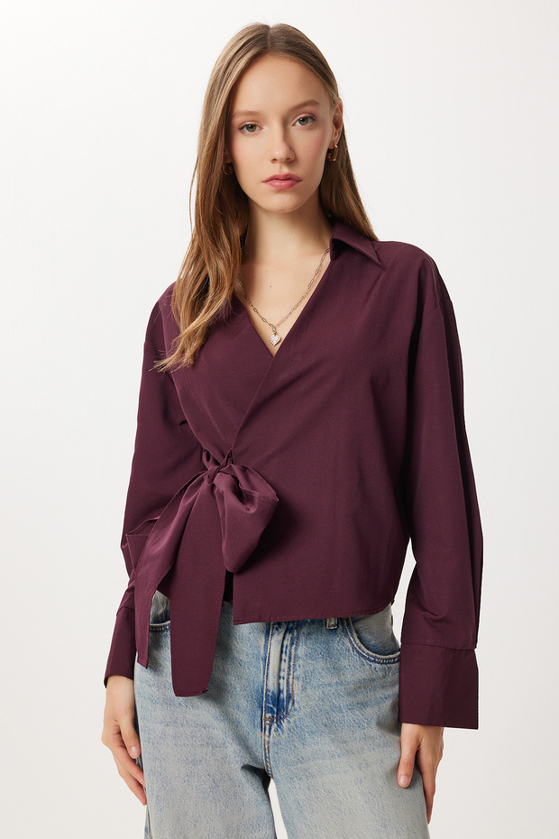 Shirt Collar Wrap Poplin Blouse Lzv0040 Mürdüm
