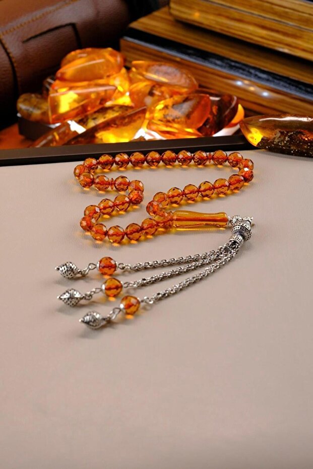 Bilek Boy Faseta Model Damla Kehribar Silver Design Tesbih (Amber), (Amber Drop Prayer Beads)