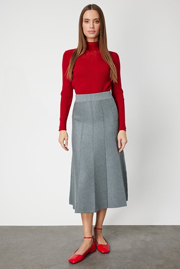 Pileli Midi Triko Etek - 1