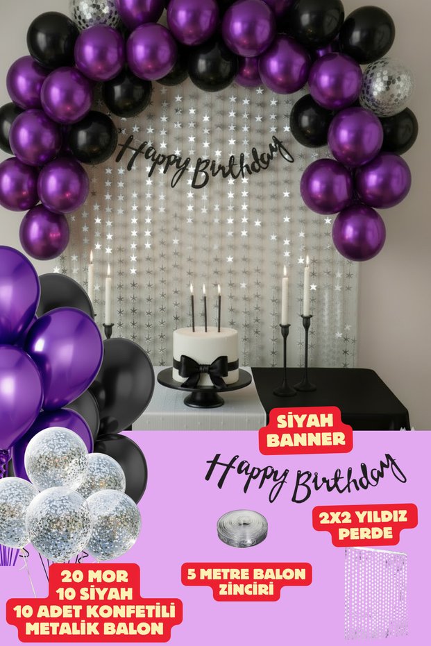 Black Happy Birthday Banner Balloon Set Backdrop Purple Black Confetti Balloon Birthday Party