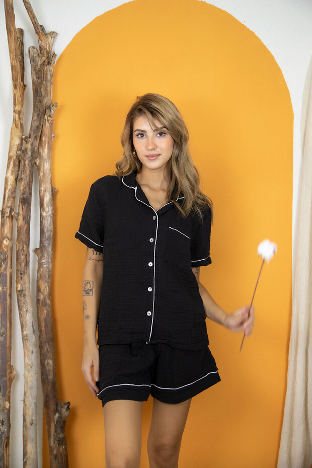 100% Cotton Muslin Women's Shorts Pajama & Home Wear Set – Black