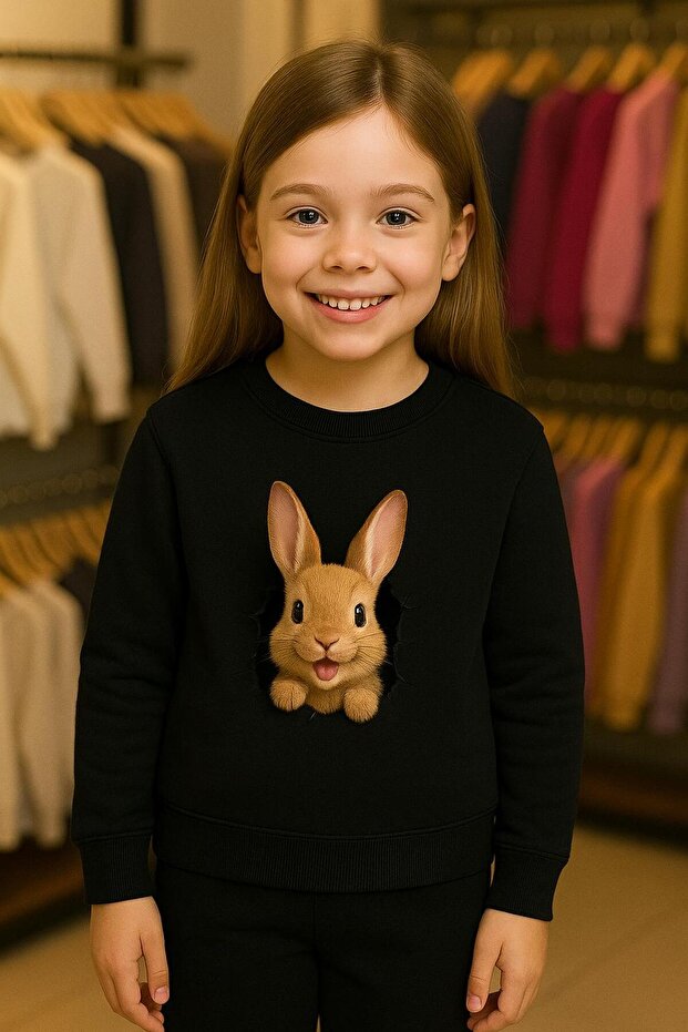 Crew Neck Long Sleeve Mini Rabbit Patterned Shar Fleece-Lined Eatshirt3-4-5-6-7-8-9-10-11-12 Age