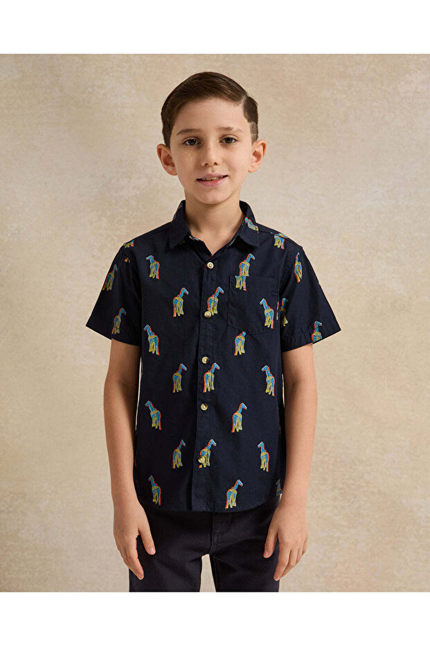 Boys Navy Giraffe Printed Shirt And T-Shirt (2 Piece)