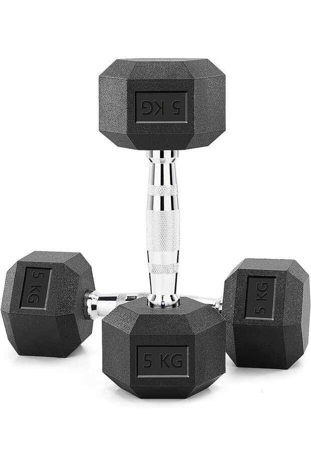 HEX Dumbbells EM-9260-5 Rubber Coated 5KG x2 Cast Iron for Home Gym Strength Workouts