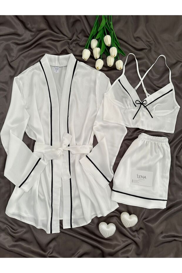 Timeless White Satin Shorts and Robe 3-Piece Premium Bridal Set (Boxed)