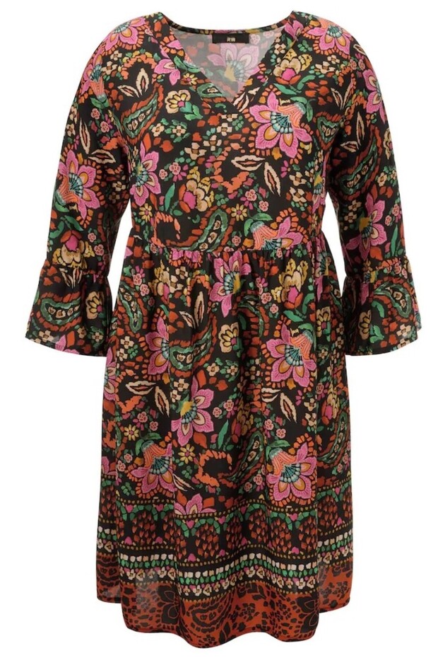 Women's Plus Size Black, Floral Print V-Neck Woven Viscose Dress 65N39219