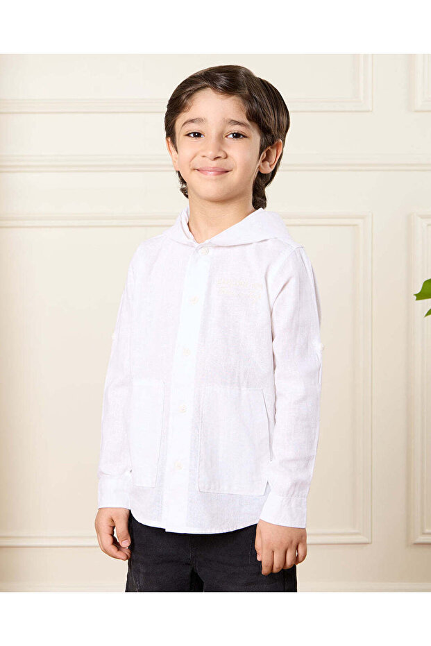 Boys White Long Sleeve Linen Hooded Shirt