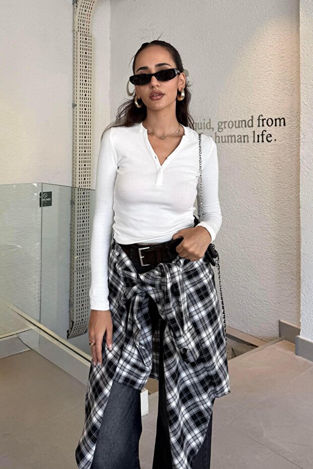 Beyaz Düğmeli Pamuklu Basic - 1