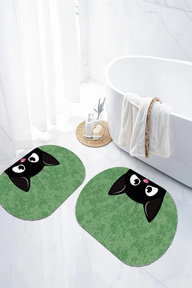 Digital Non-Slip Base Washable Cat Pattern Oval Bath Mat Toilet Set