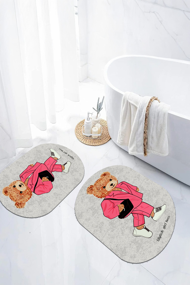 Digital Non-Slip Base Washable Elephant Man Patterned Oval Bath Mat Toilet Set