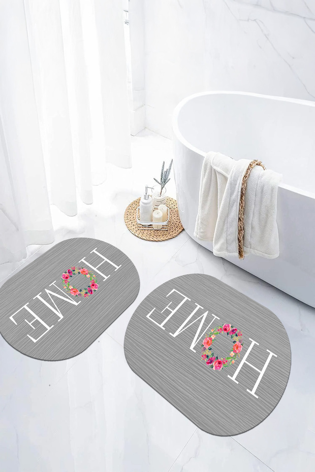 Digital Non-Slip Base Washable Floral Home Written Oval Bath Mat Toilet Set