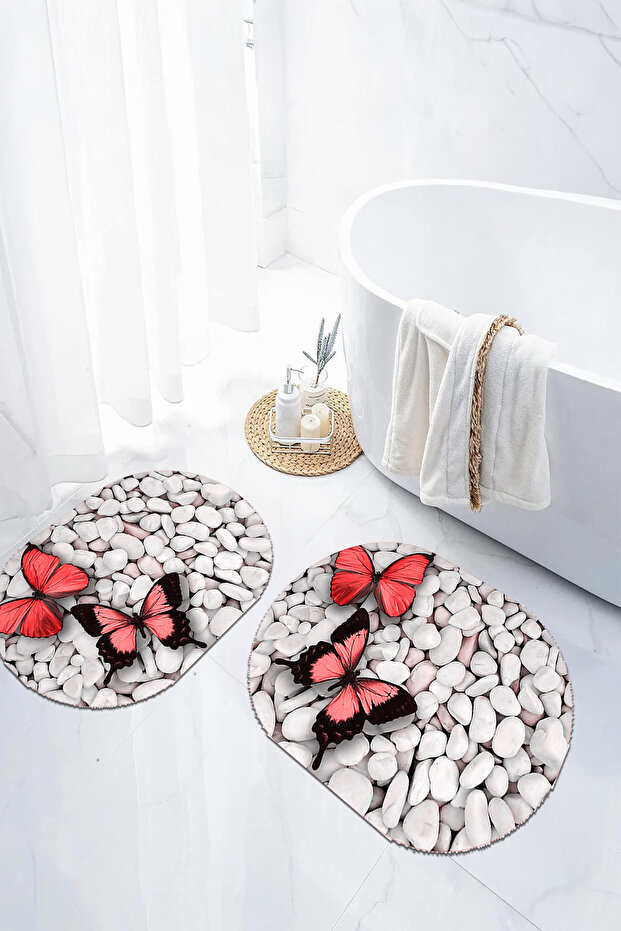 Digital Non-Slip Base Washable Butterfly Pattern Oval Bath Mat Toilet Set