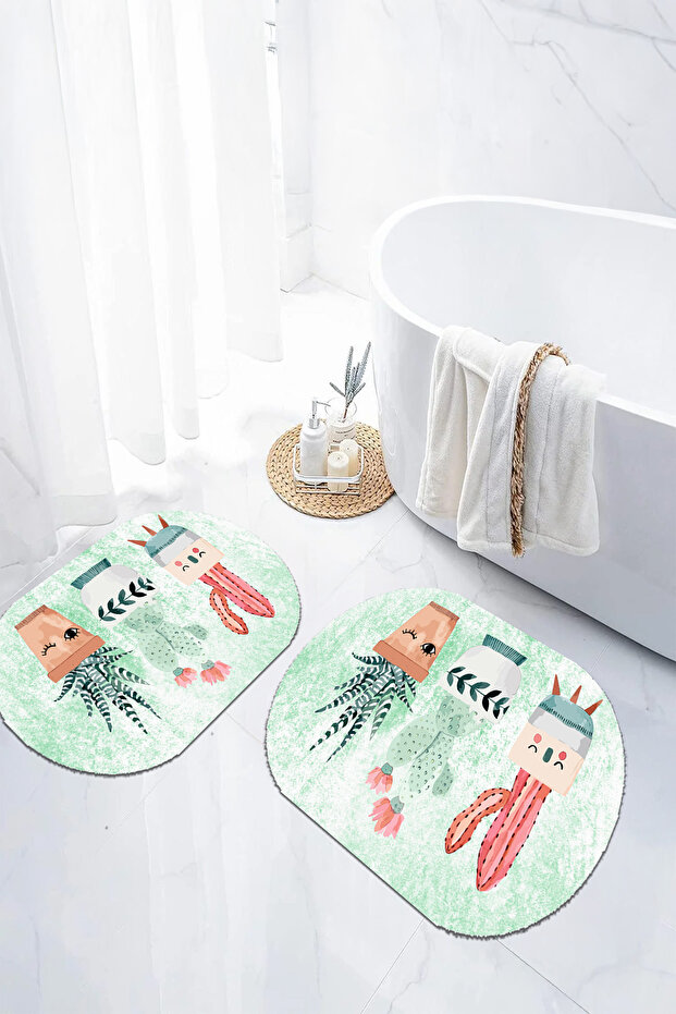 Digital Non-Slip Base Washable Colorful Cactus Patterned Oval Bath Mat Toilet Set