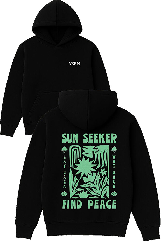 Sun Seeker Fınd Peace Design Printed Oversized Black Hooded Sweatshirt