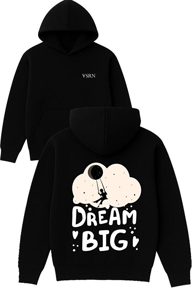 Dream Bıg Design Printed Oversized Black Hooded Sweatshirt