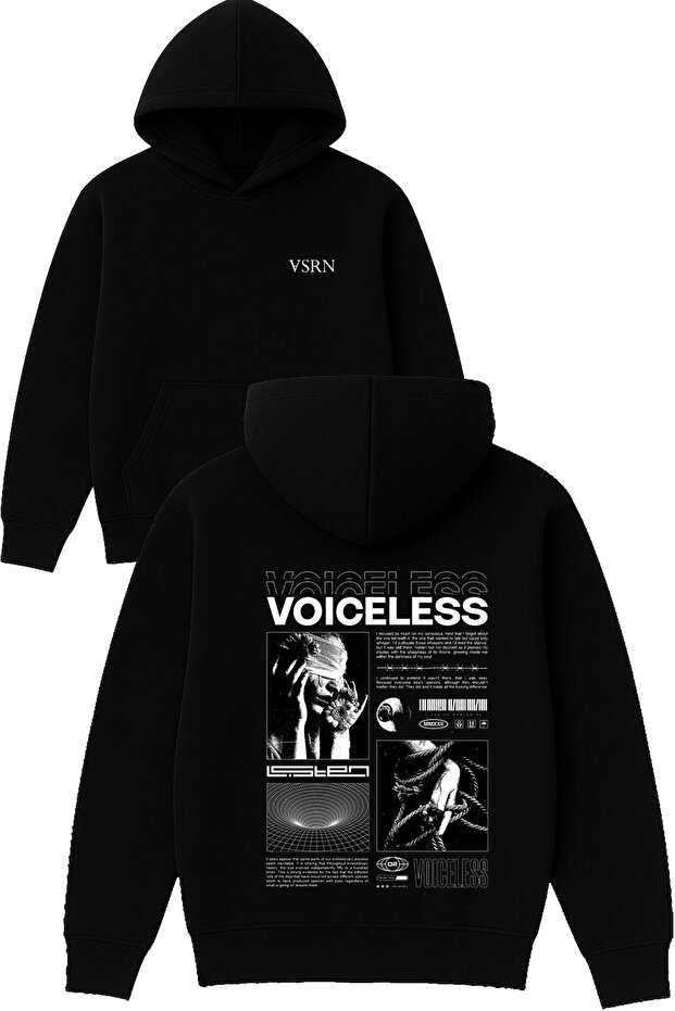 Voiceless Design Printed Oversized Black Hooded Sweatshirt